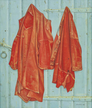 Roodbaaien hemden op blauwe deur